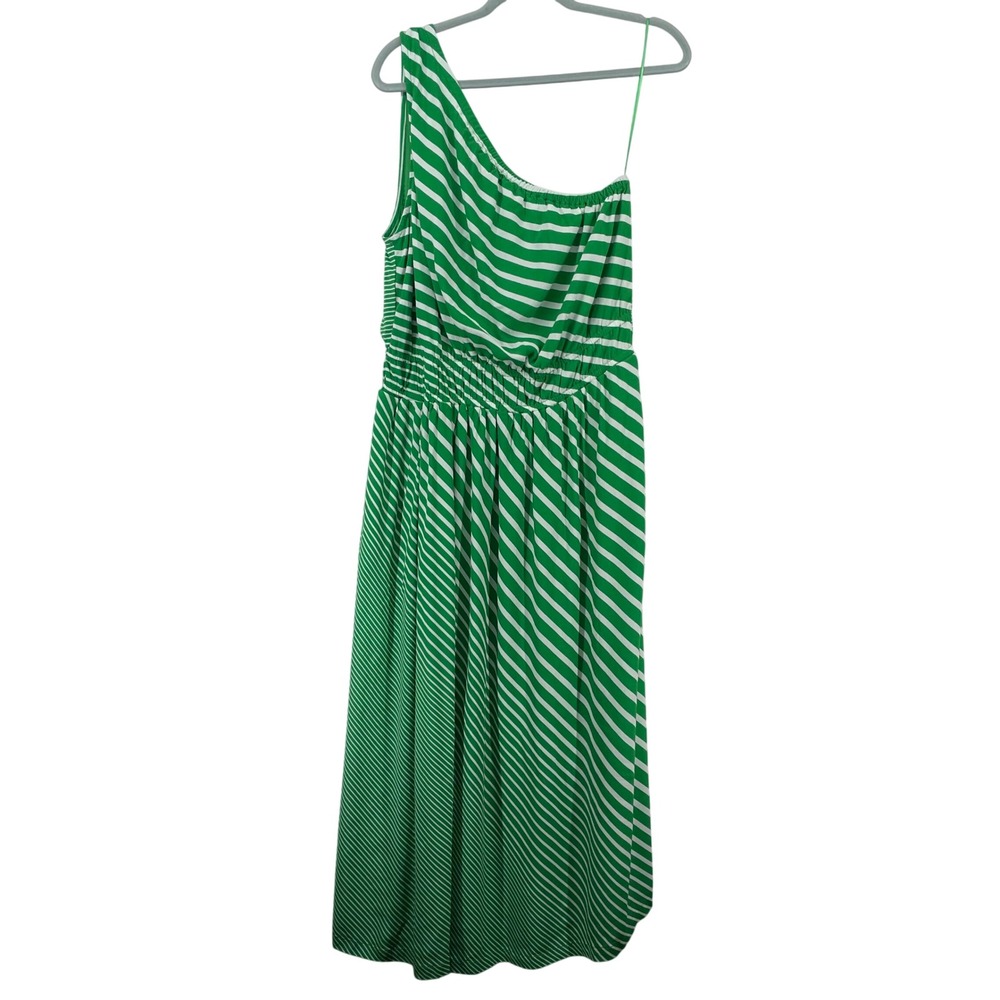Lands End Size Large 14-16 One Shoulder Midi Dress Green White Striped Smocked